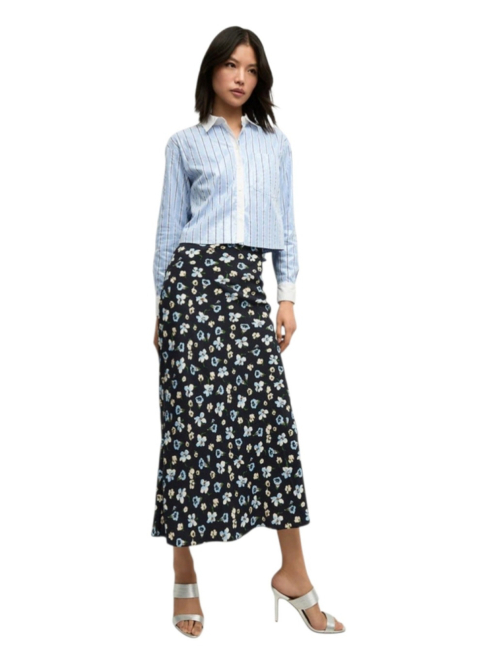 Veronica Beard Clover Floral Silk Blend Midi Skirt Size 4 Navy Luxury Silky